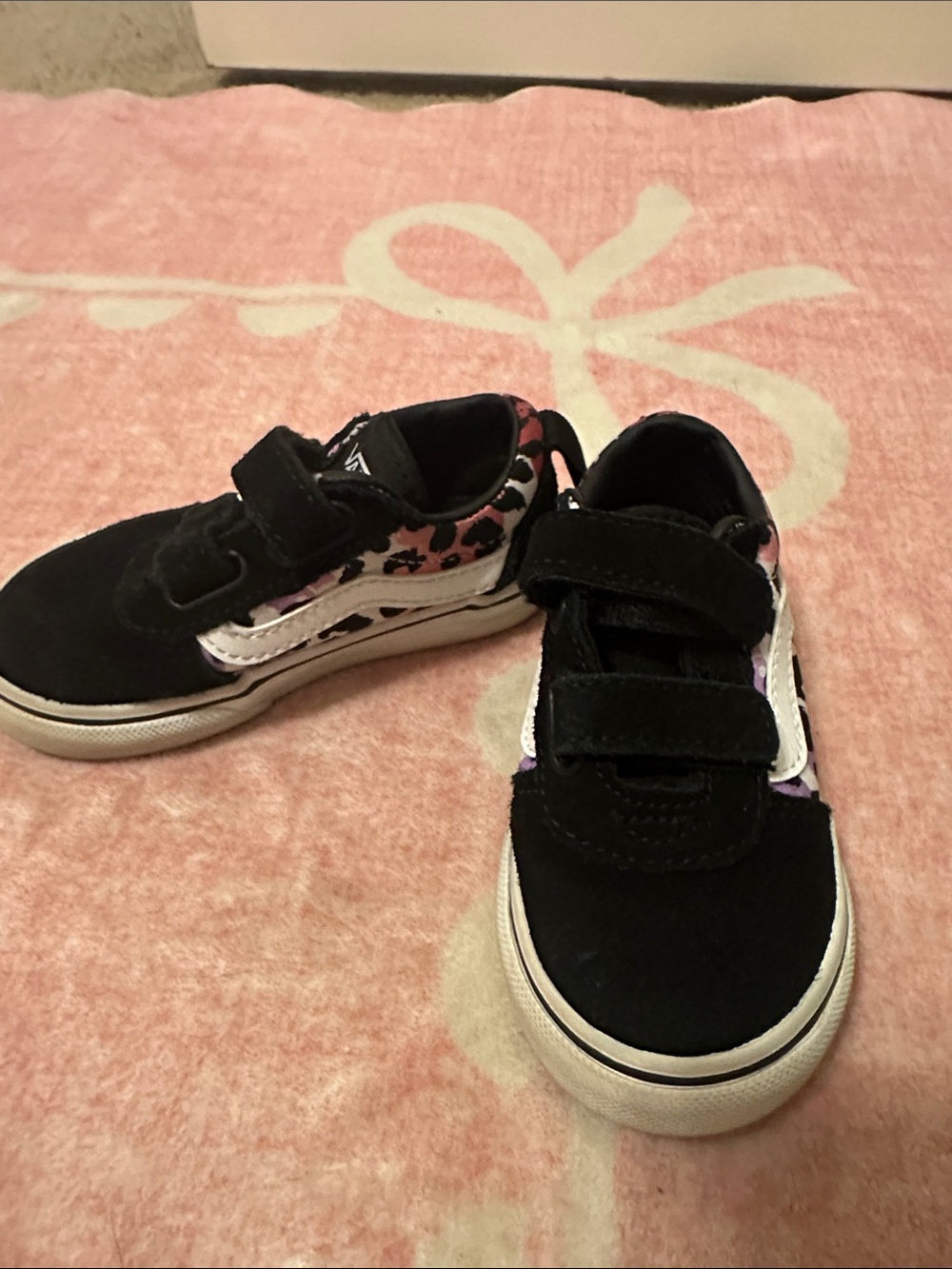 Vans Kids Black Sneakers with Pink Leopard Trim